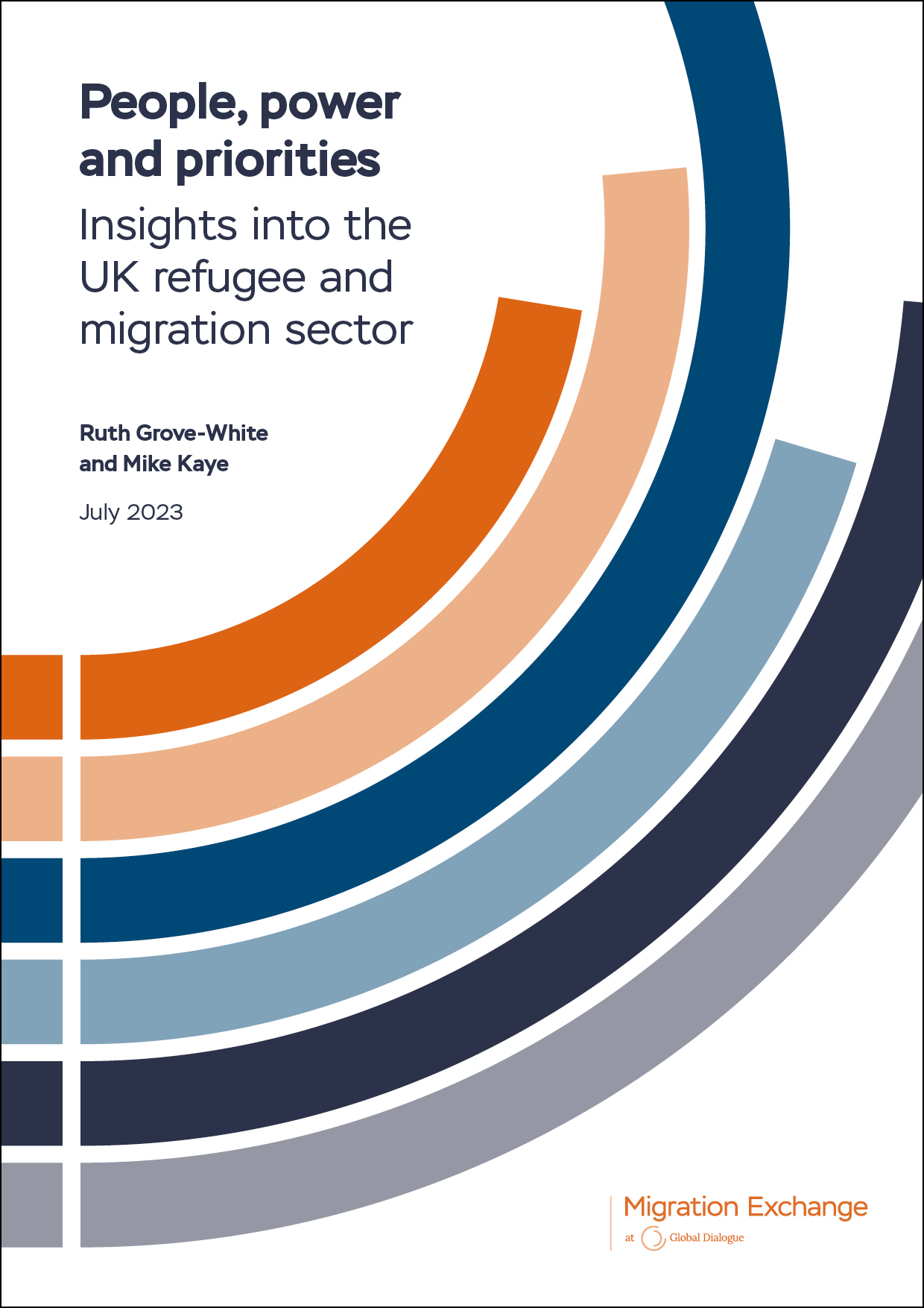 People, power and priorities - Insights into the UK refugee and migration sector. July 2023. Ruth Grove-White and Mike Kaye. (Report cover image)